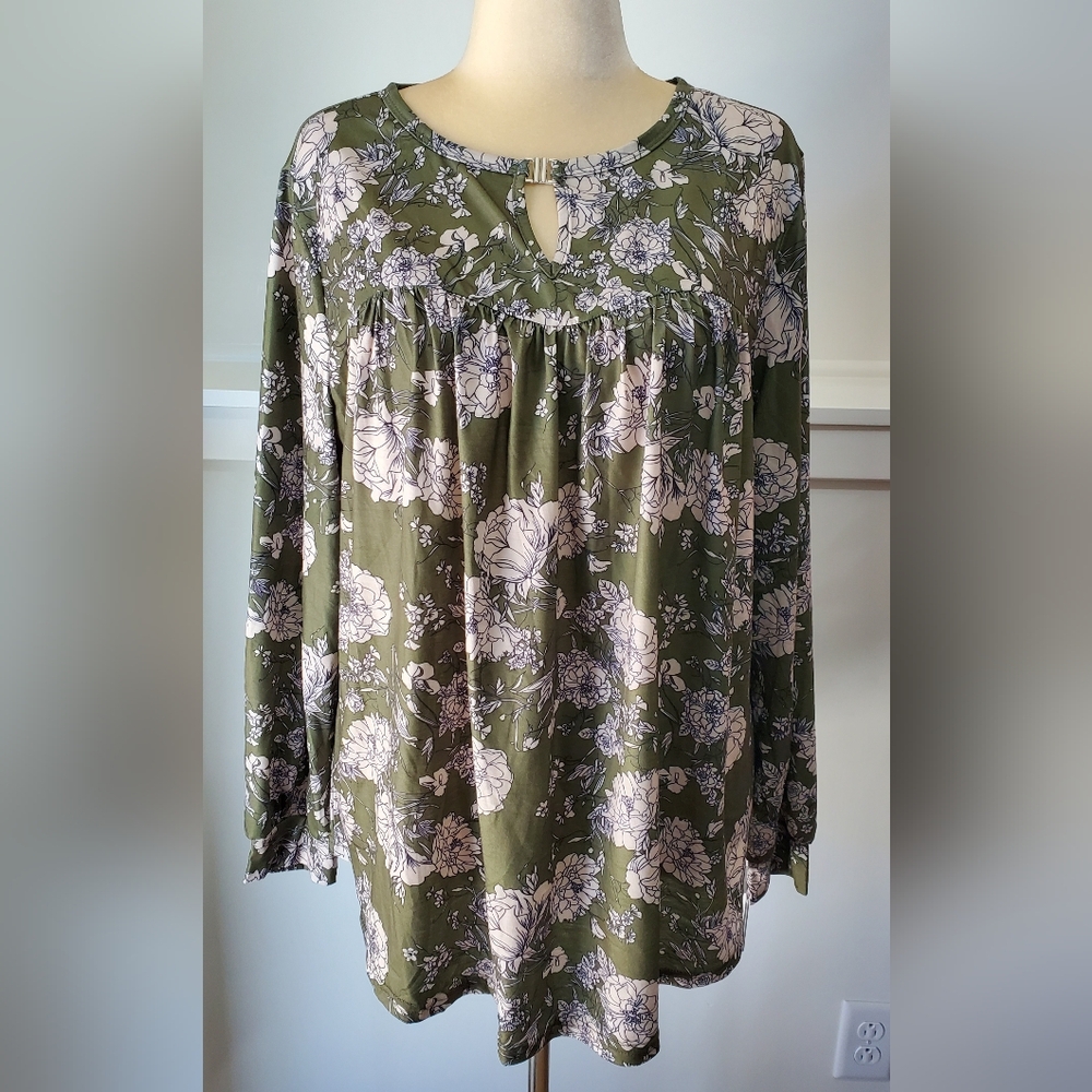 NWT TFSDOD Size XXL Olive Green Floral Long Sleeve Blouse
